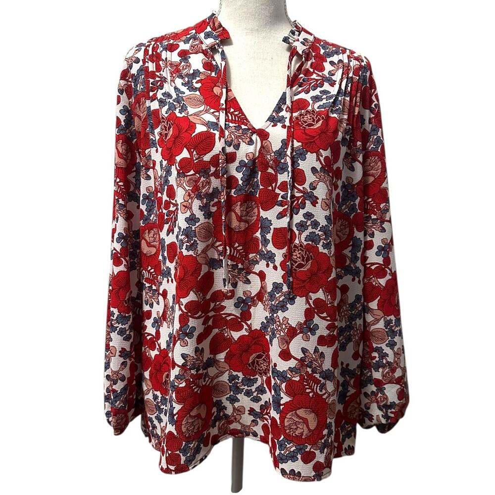 Caslon Red Blue Floral Peasant Blouse Women's M‎ Boho Cottagecore Long Sleeve